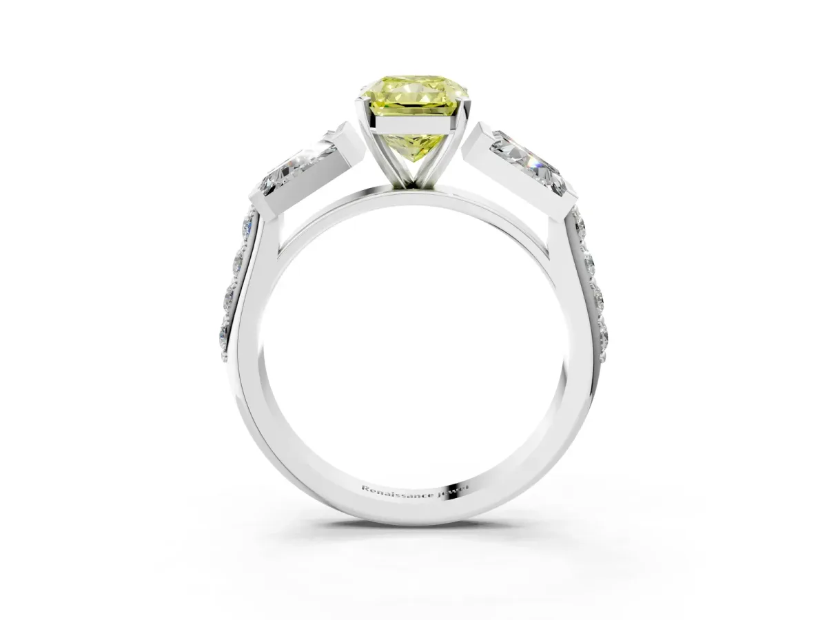 Fancy Yellow Radiant Cut Diamond Engagement Ring with Baguette Side Stones and Channel Set Band Platinum