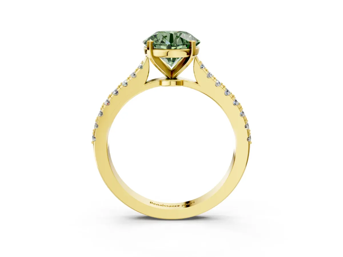 Fancy Green Asscher Cut Cut Solitaire Diamond Engagement Ring with Pave Band and Four-Prong Setting Yellow gold