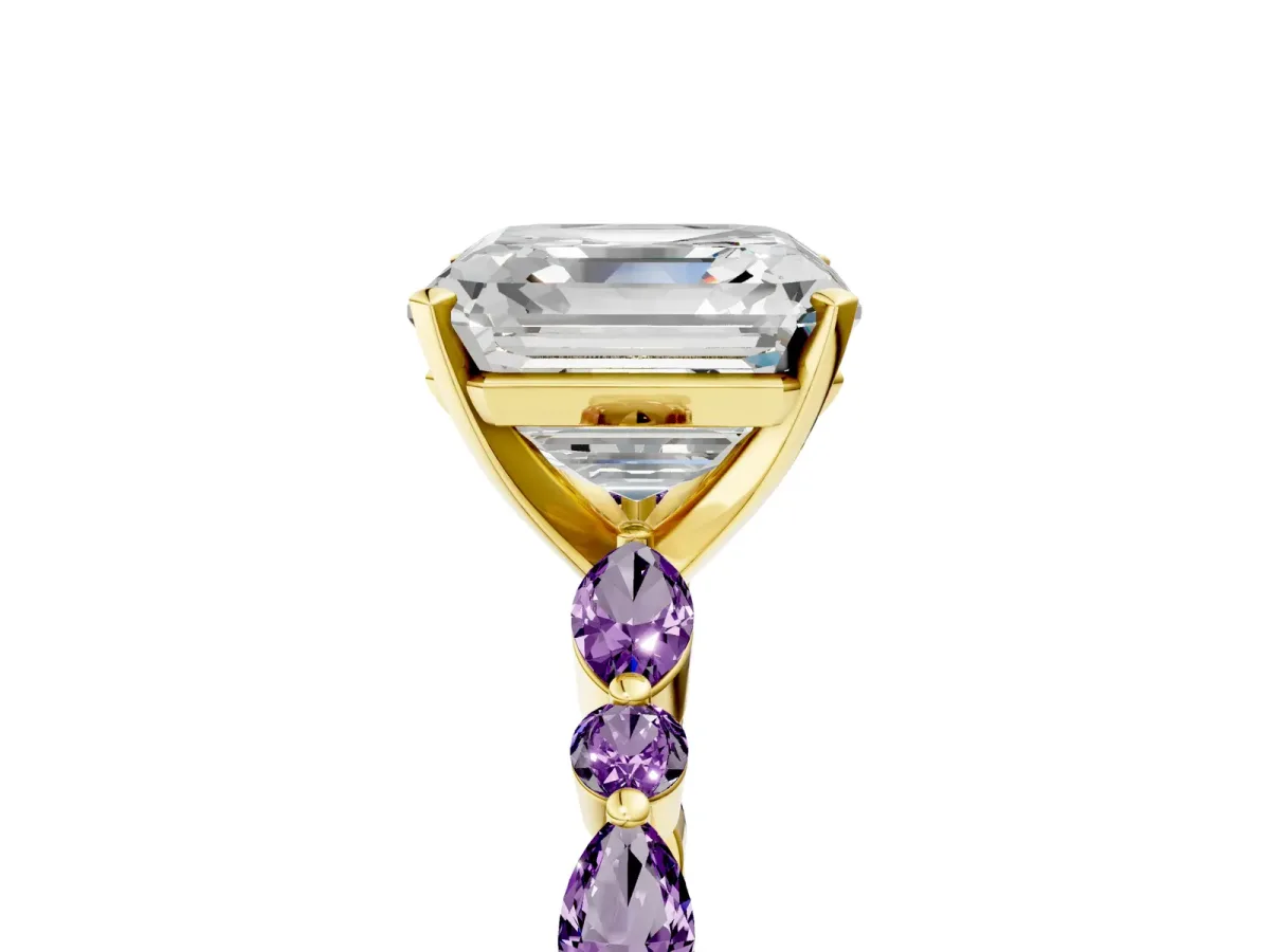 Asscher Cut Diamond Ring with Marquise and Round Amethyst Side Stones and Four-Prong Setting Yellow gold