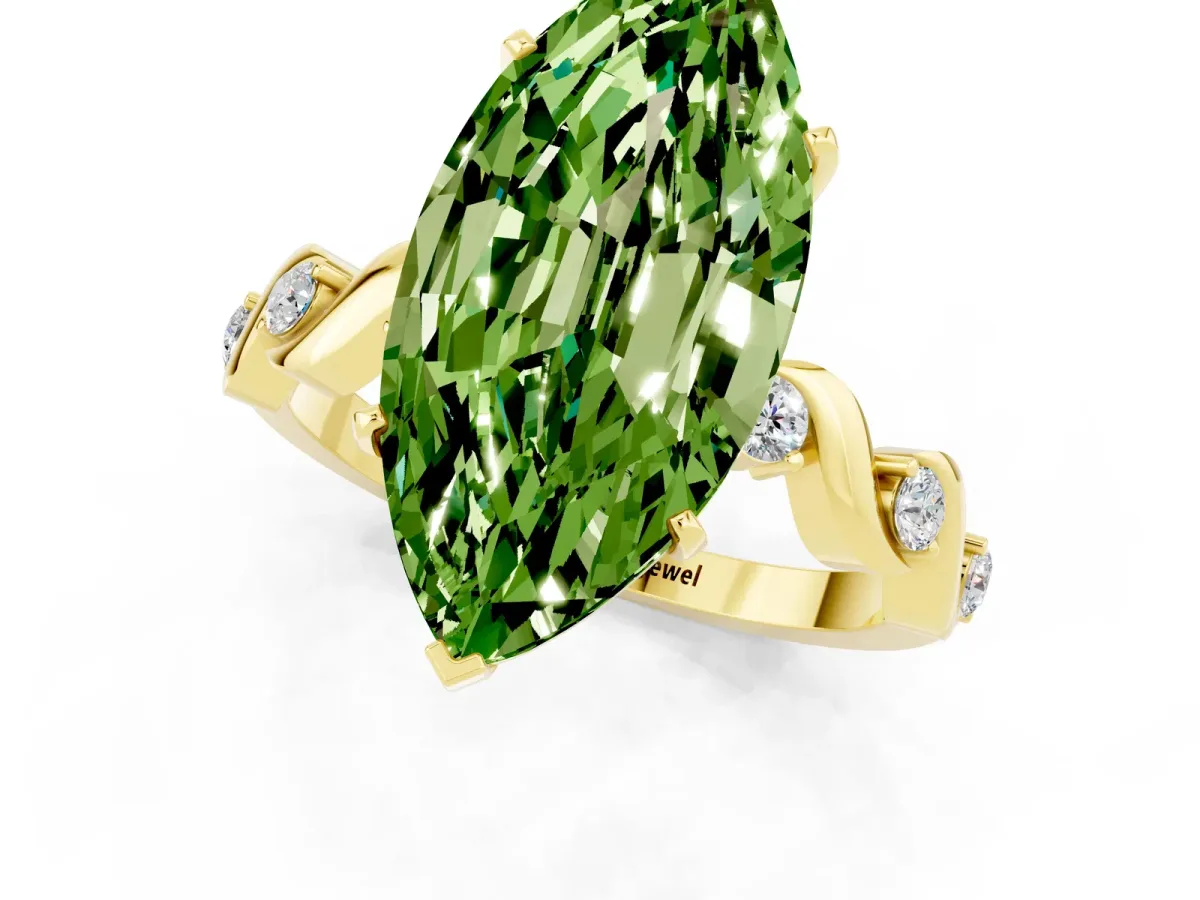 Marquise Cut Peridot Solitaire Twisted Band with Round Accents and Prong Setting Yellow gold