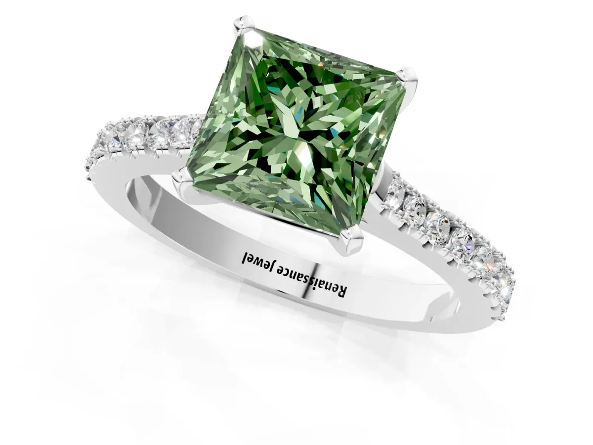 Fancy Green Princess Cut Cut Solitaire Diamond Engagement Ring with Pave Band and Four-Prong Setting White gold