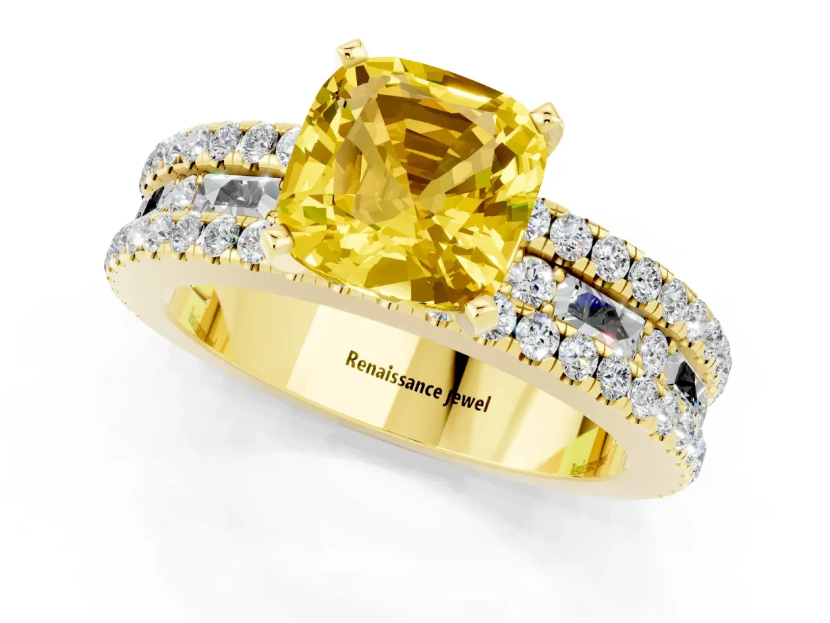 Cushion Cut Yellow Sapphire Solitaire Ring with Pavé and Channel Set Band Yellow gold