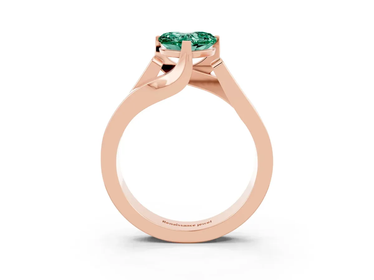 Modern Tension Set Heart Cut Green Sapphire Solitaire Wide Band Ring Rose gold
