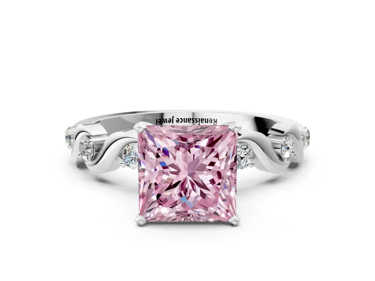 Fancy Pink Princess Cut Diamond Solitaire Twisted Band with Round Accents and Prong Setting White gold