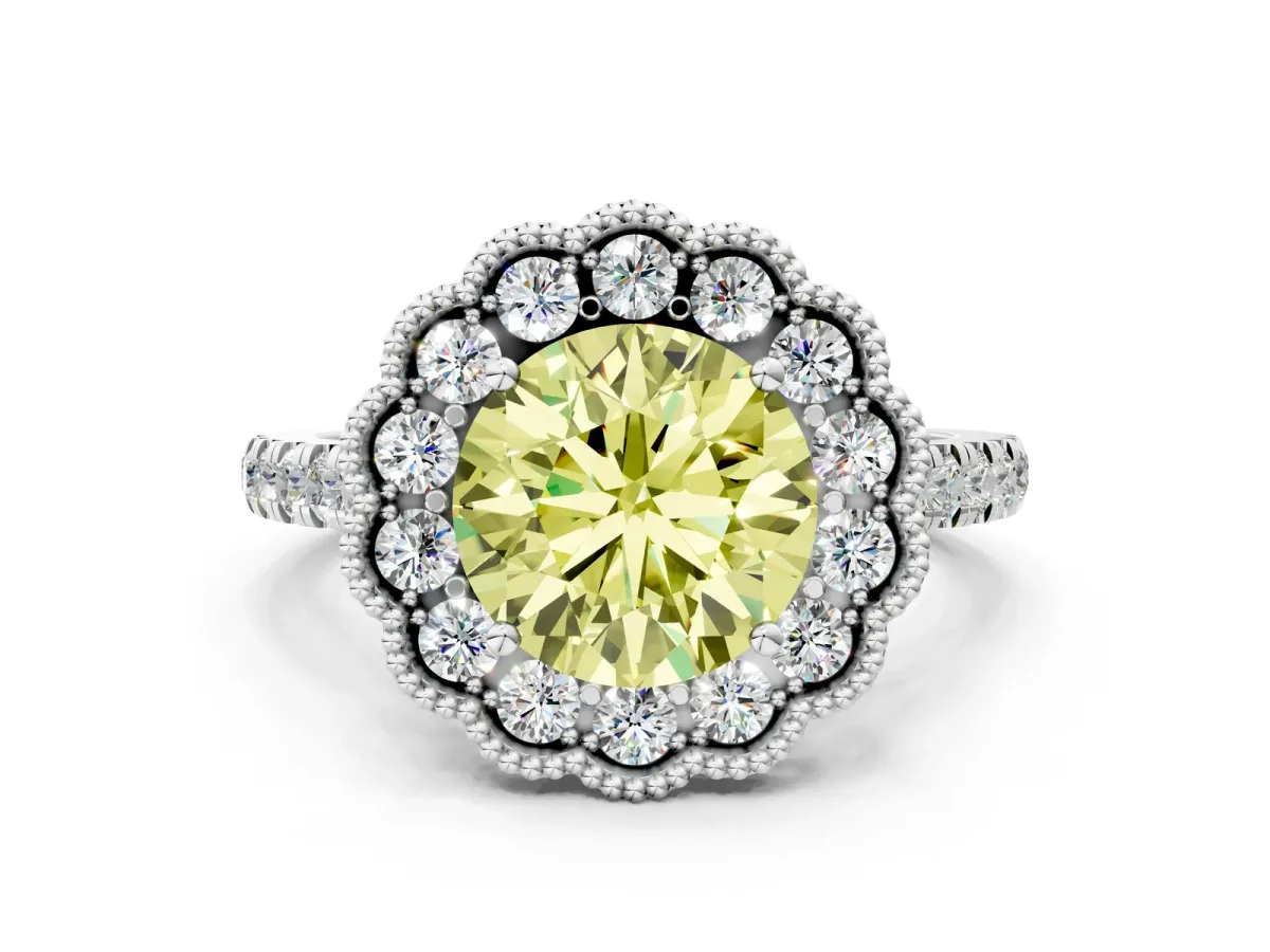 Fancy Yellow Round Cut Cut Diamond Milgrain Floral Halo Engagement Ring with Pavé Band Silver
