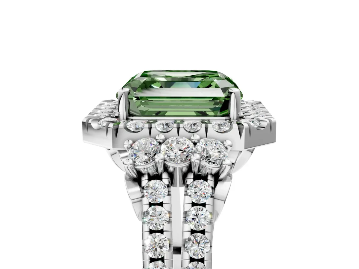 Fancy Green Asscher Cut Cut Double Halo Diamond Engagement Ring with Pave Band and Four-Prong Setting Platinum