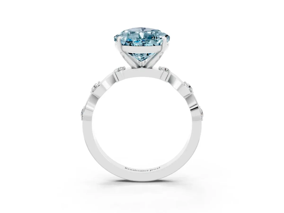 Pear Cut Aquamarine Solitaire Twisted Band with Round Accents and Prong Setting White gold