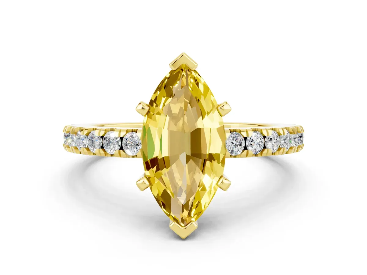 Marquise Cut Solitaire Yellow Sapphire with Pavé Band and Four-Prong Setting Yellow gold