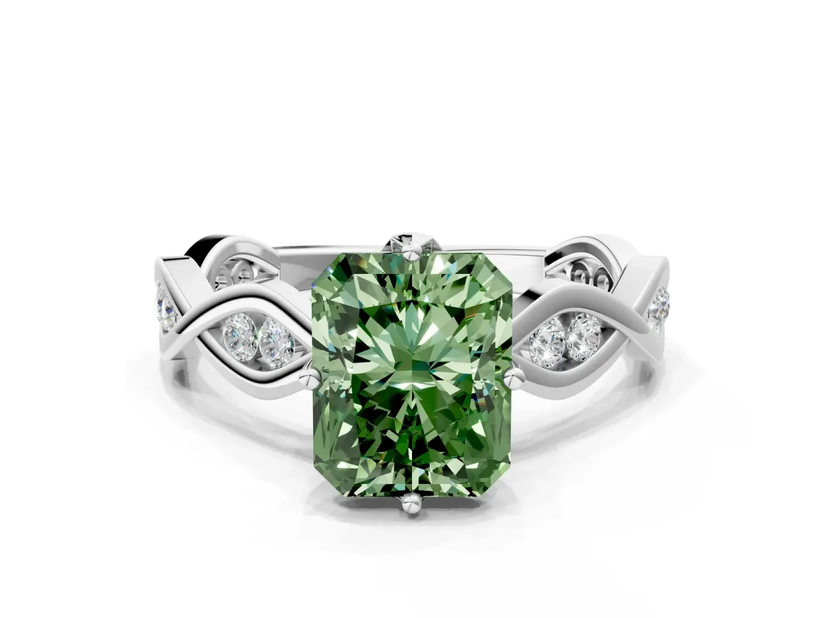 Fancy Green Radiant Cut Solitaire Twist Band with Leaf Prong Setting Platinum