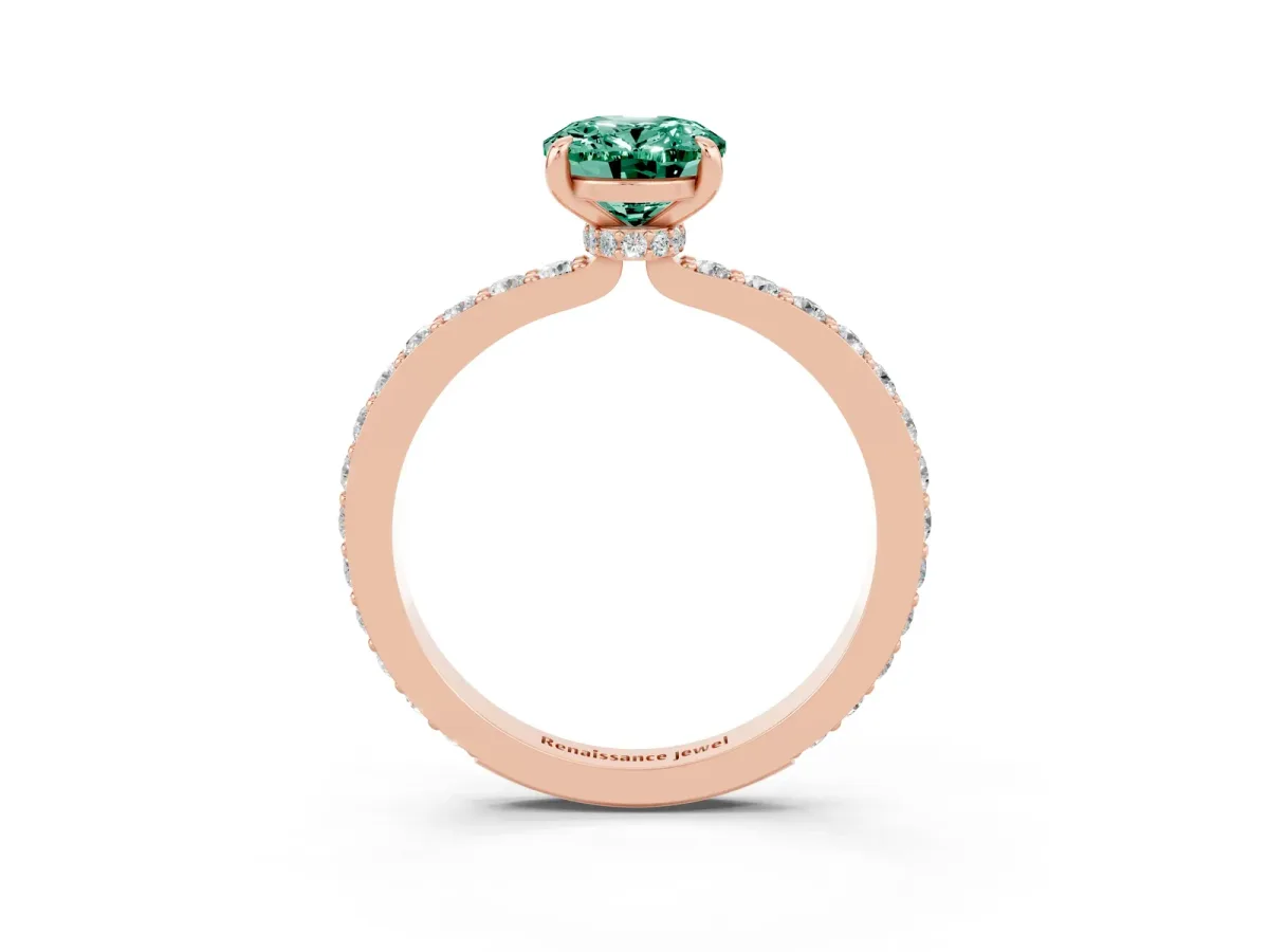 Oval Cut Green Sapphire Solitaire Engagement Ring with Pavé Band and Four-Prong Setting Rose gold