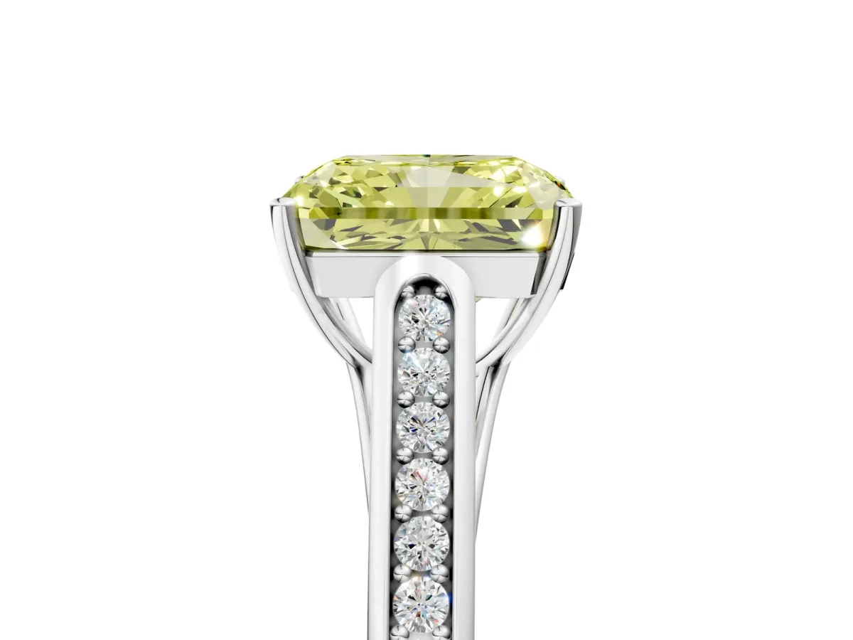 Fancy Yellow Radiant Cut Solitaire Cathedral Diamond Engagement Ring with Channel-Set Band and Four-Prong Setting Platinum