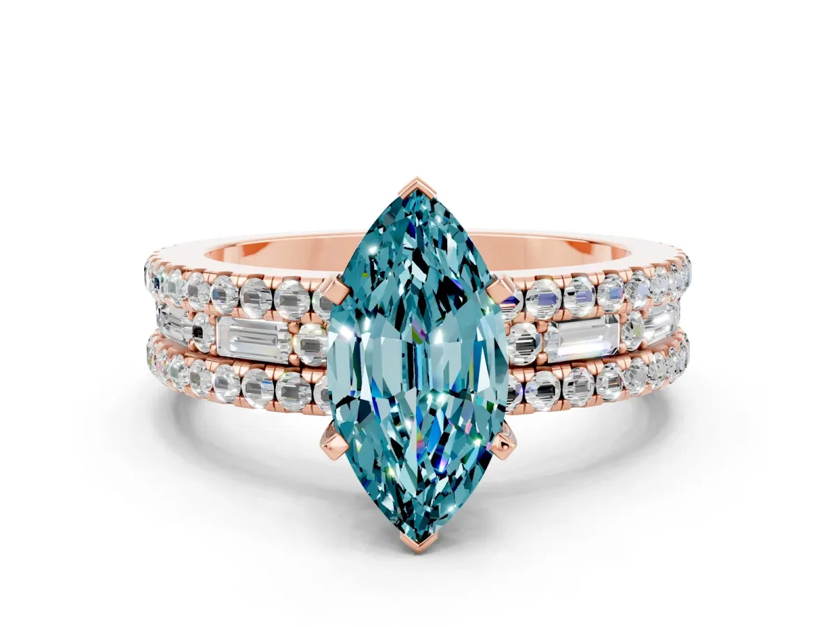 Marquise Cut Blue Topaz Solitaire Ring with Pavé and Channel Set Band Rose gold
