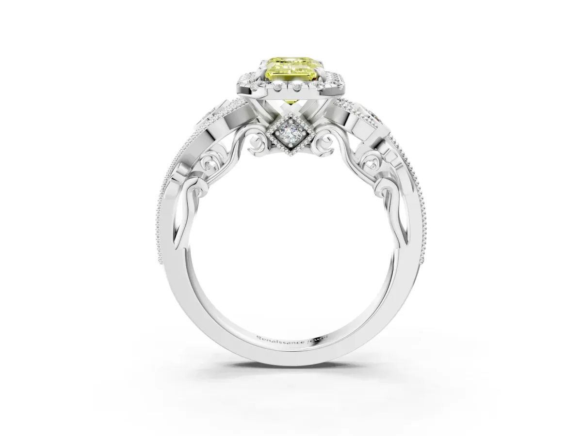 Fancy Yellow Emerald Cut Diamond Halo Ring with Milgrain Pavé Band and Four-Prong Setting White gold