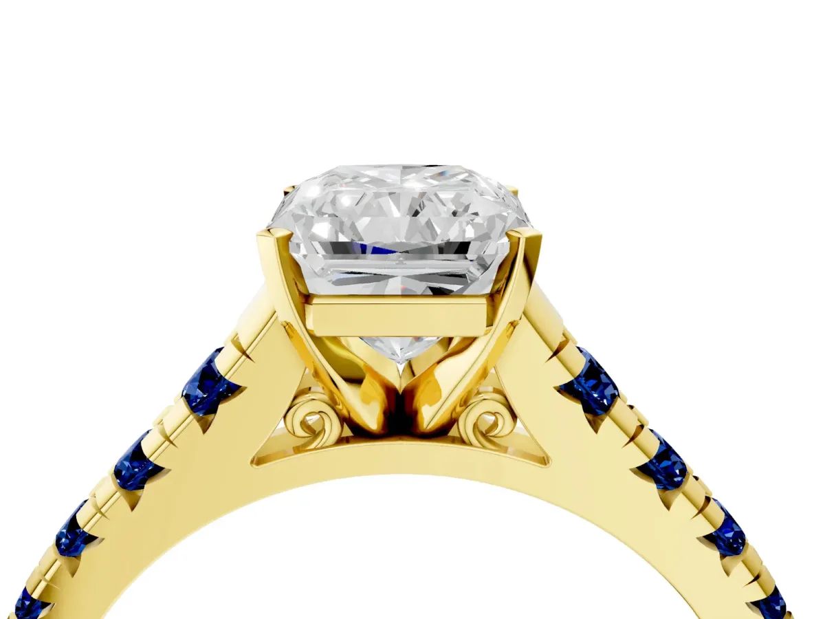 Radiant Cut Diamond Cathedral Solitaire Ring with Round Blue Sapphire Pavé Band Yellow gold