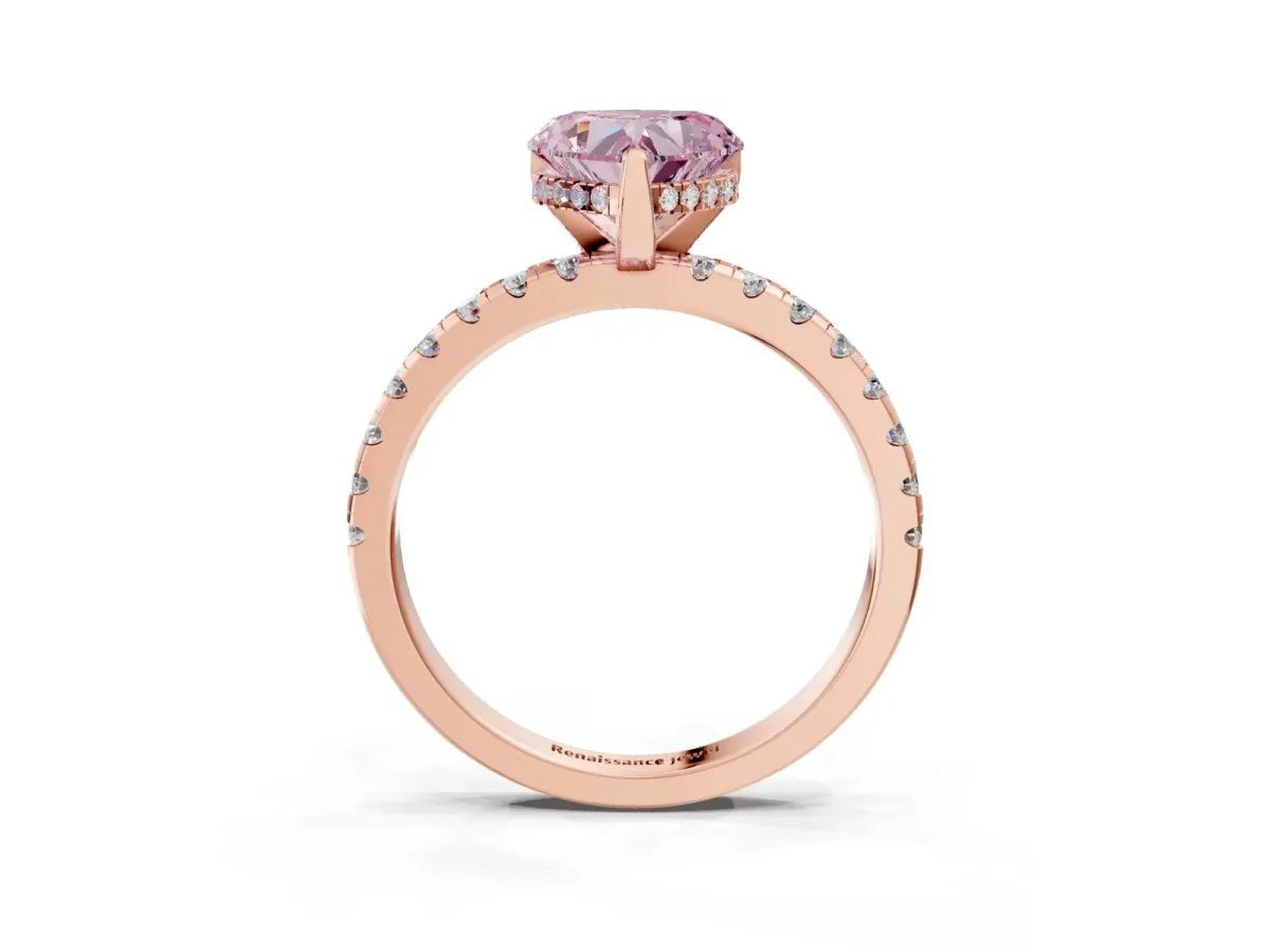 Fancy Pink Heart Cut Diamond Solitaire Ring with Round Pavé Band and Four-Prong Setting Rose gold