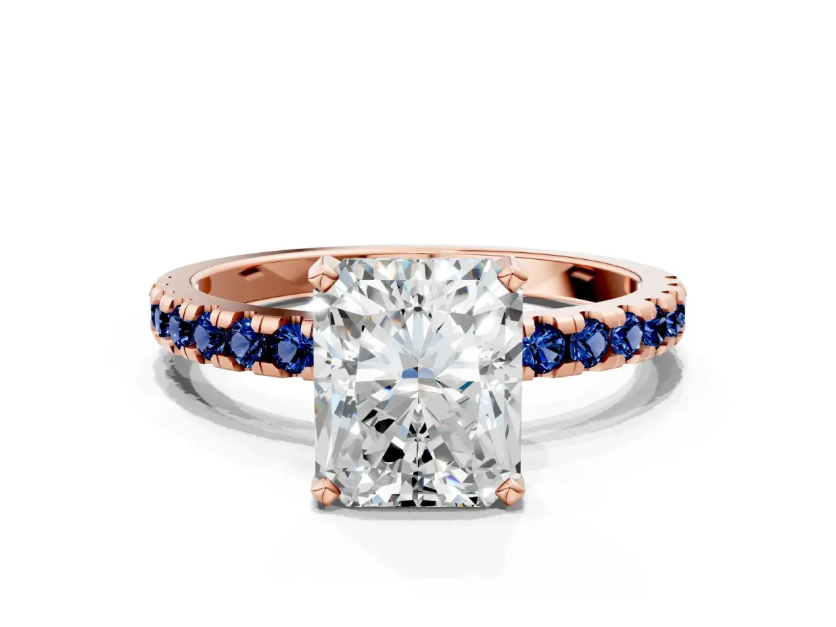 Radiant Cut Diamond Solitaire Ring with Round Blue Sapphire Pavé Band and Four-Prong Setting Rose gold
