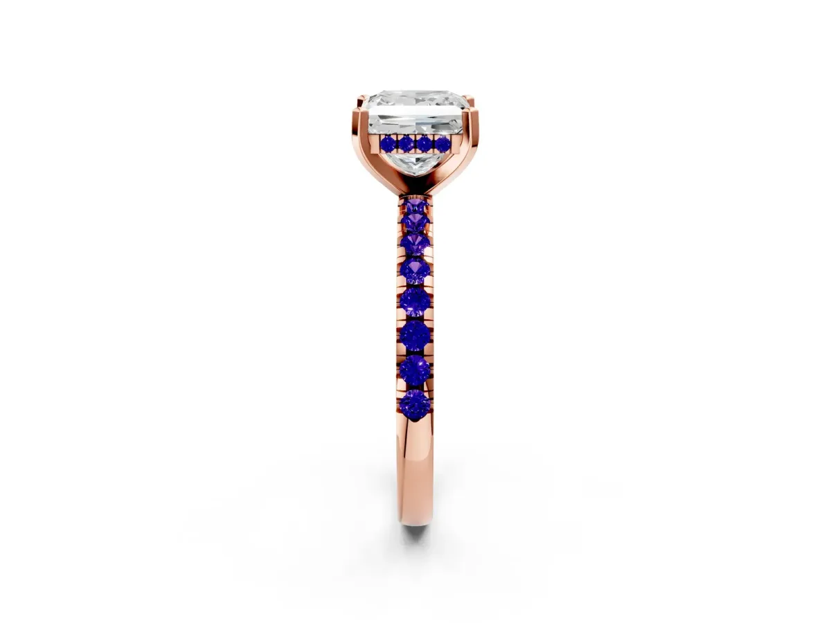 Princess Cut Diamond Solitaire Ring with Round Tanzanite Pavé Band and Four-Prong Setting Rose gold