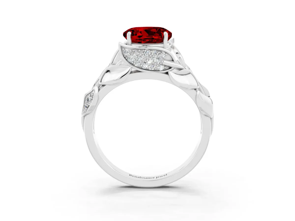 Round Cut Ruby Leaf-Inspired Engagement Ring with Round Accents and Prong Setting Silver