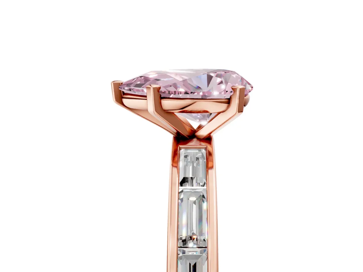 Fancy Pink Pear Cut Solitaire Diamond Ring with Channel-Set Baguette Band and Four-Prong Setting Rose gold