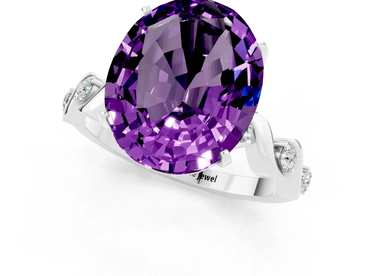 Oval Cut Amethyst Solitaire Twisted Band with Round Accents and Prong Setting Silver