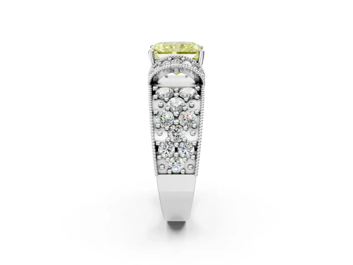 Fancy Yellow Radiant Cut Halo Pave Diamond Engagement Ring with Milgrain Detailing Platinum