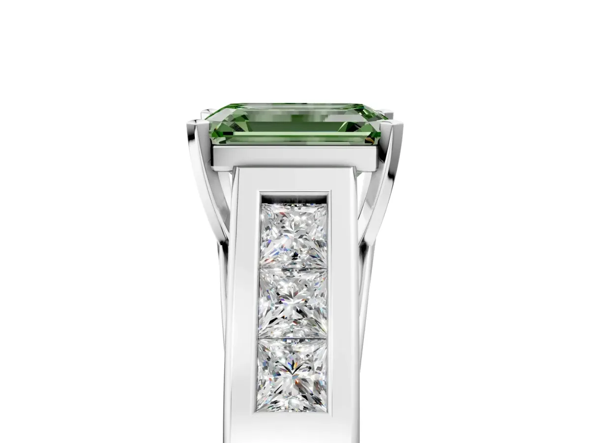 Fancy Green Emerald Cut Cut Channel Set Solitaire Ring with Four-Prong Setting Platinum