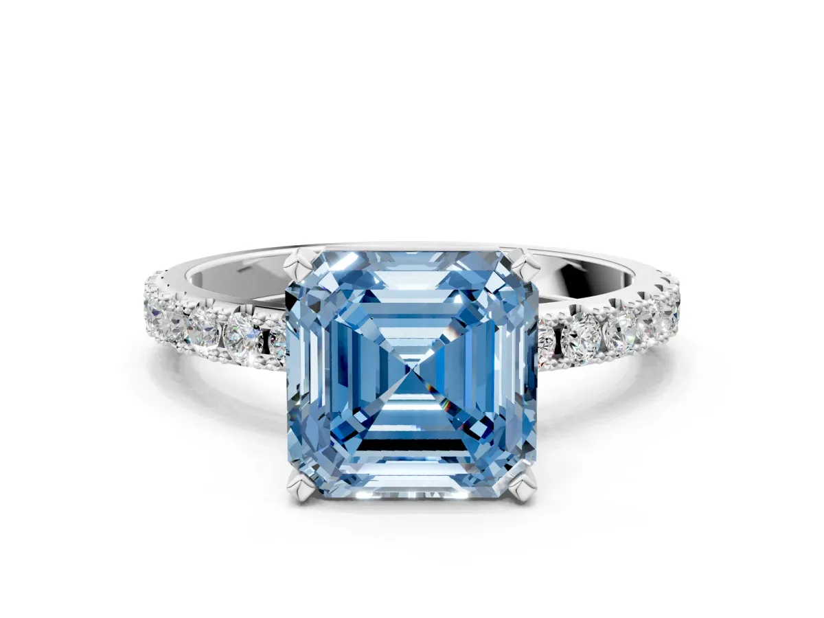 Fancy Blue Asscher Cut Diamond Solitaire Pavé Band with Four-Prong Setting Silver