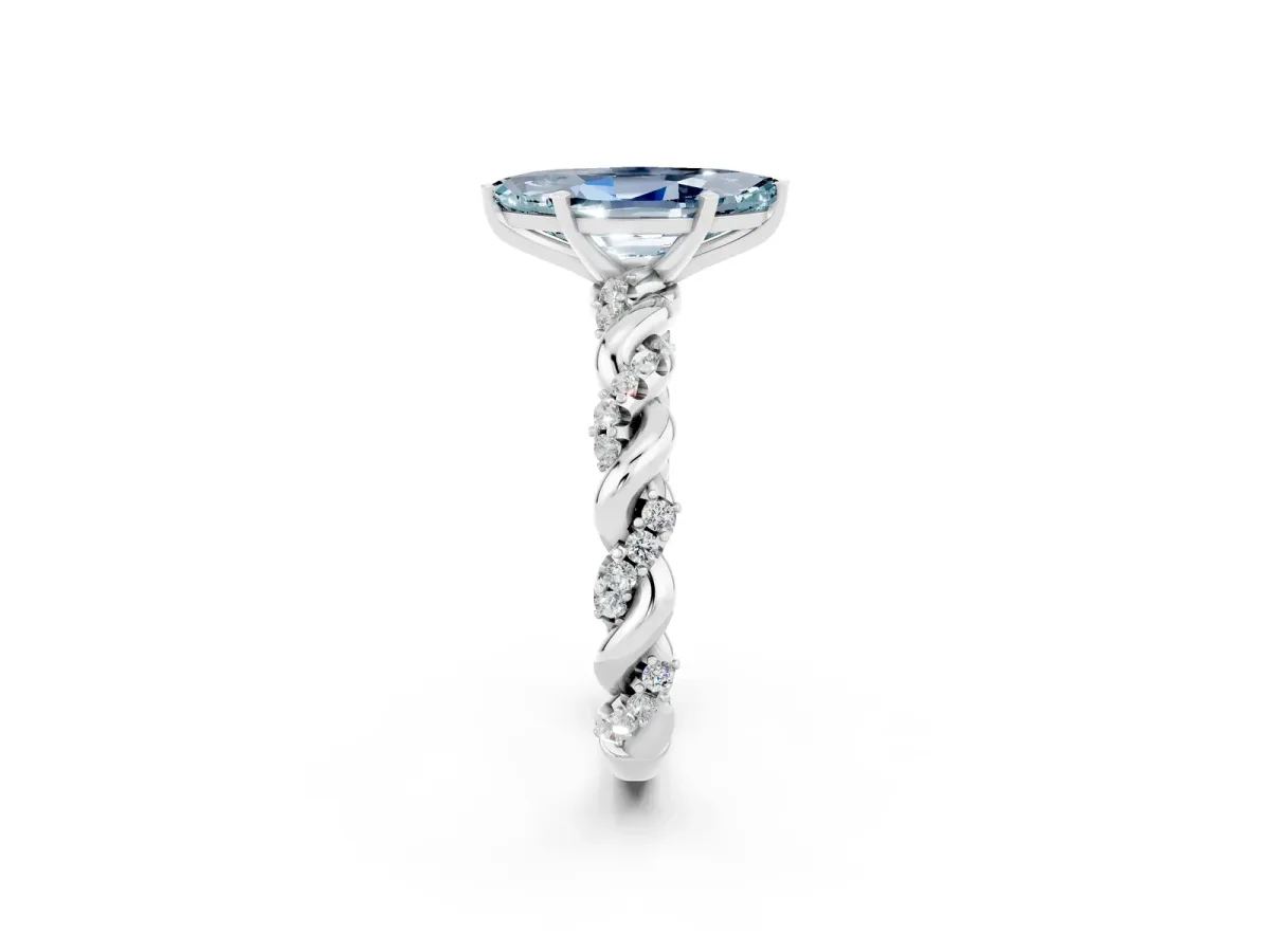 Marquise Cut Aquamarine Solitaire Ring with Twisted Band and Pavé Accents Platinum