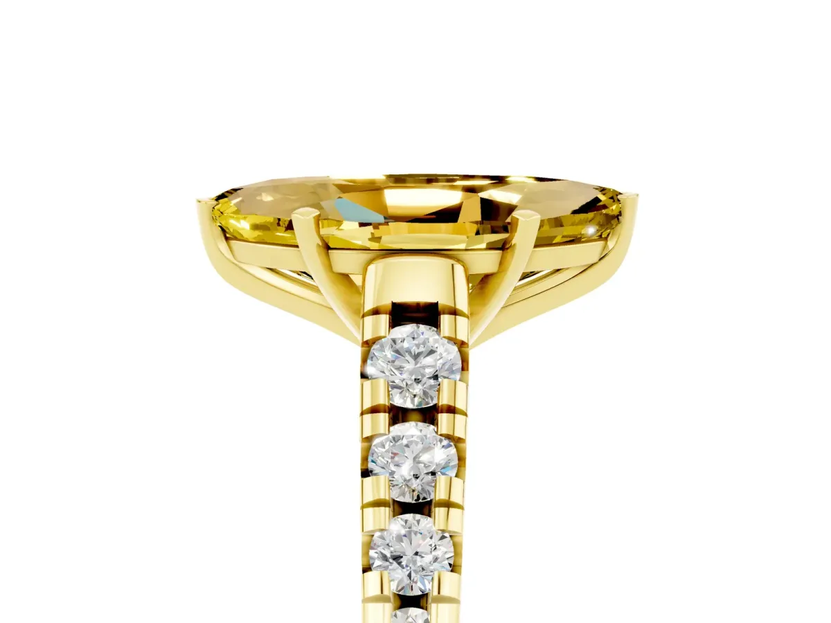 Marquise Cut Yellow Sapphire Cathedral Solitaire Ring with Round Pavé Band Yellow gold