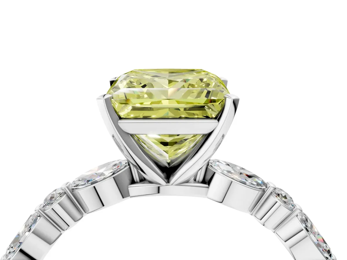 Fancy Yellow Princess Cut Diamond Ring with Marquise and Round Side Stones and Four-Prong Setting White gold