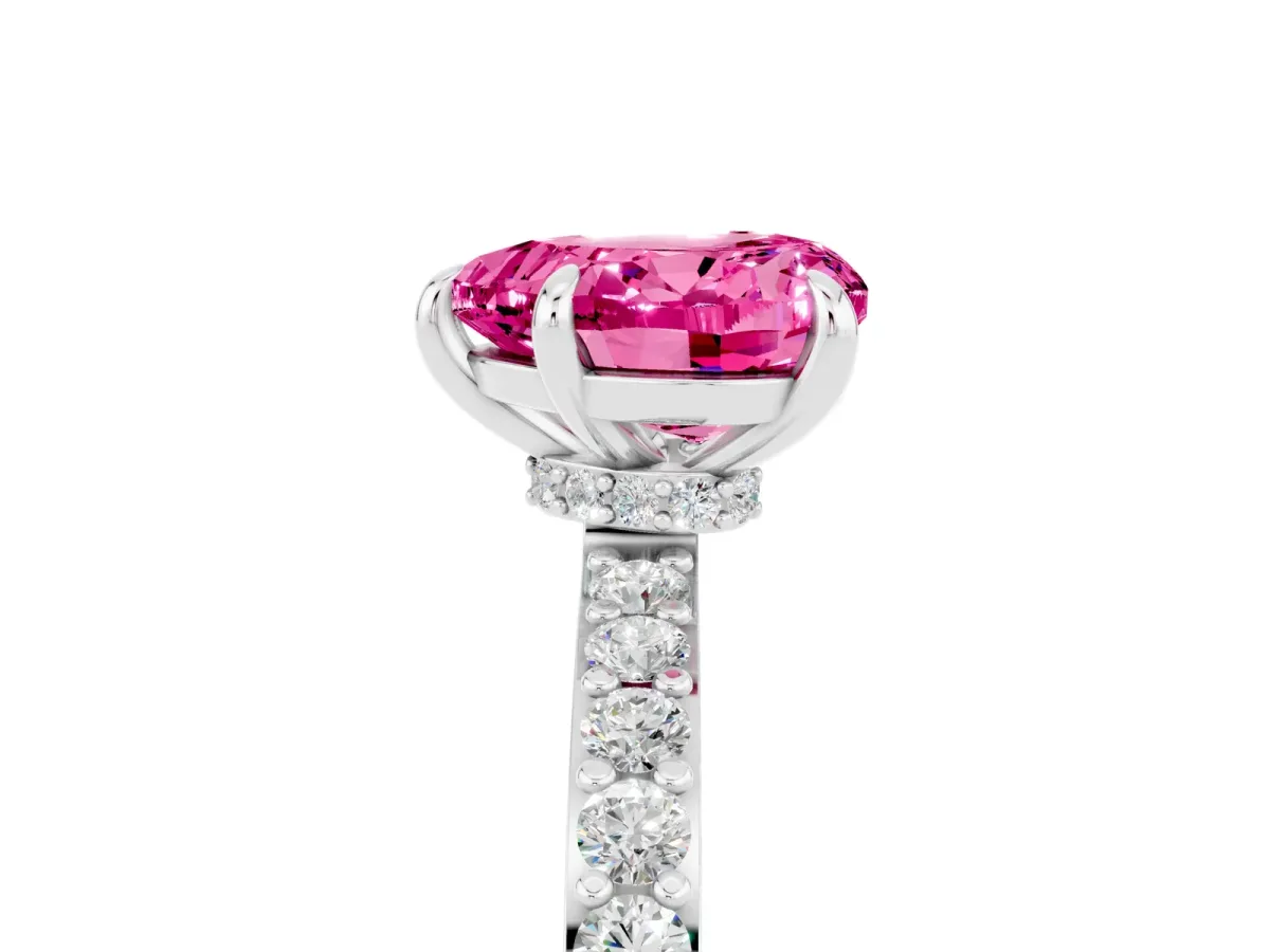 Heart Cut Pink Sapphire Solitaire Engagement Ring with Pavé Band and Four-Prong Setting White gold