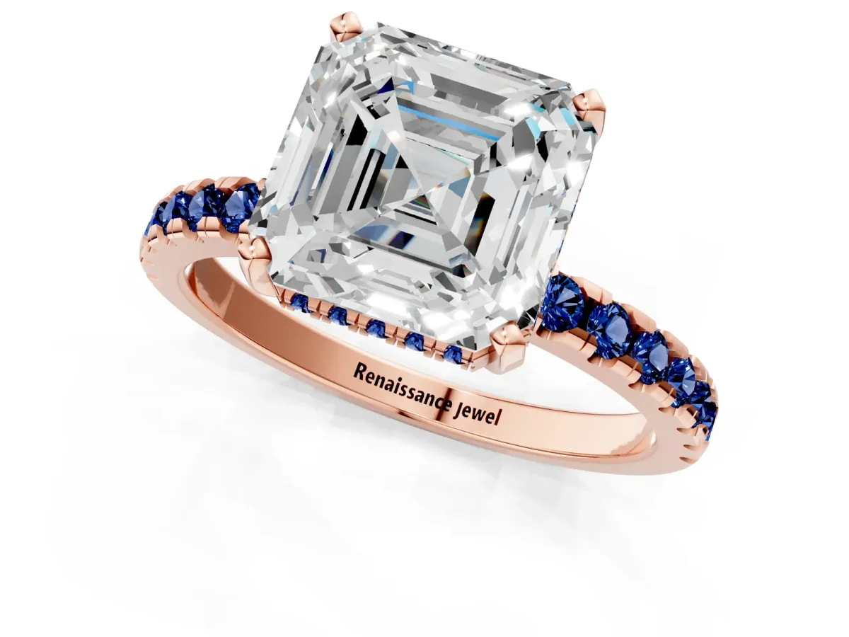 Asscher Cut Diamond Solitaire Ring with Round Blue Sapphire Pavé Band and Four-Prong Setting Rose gold