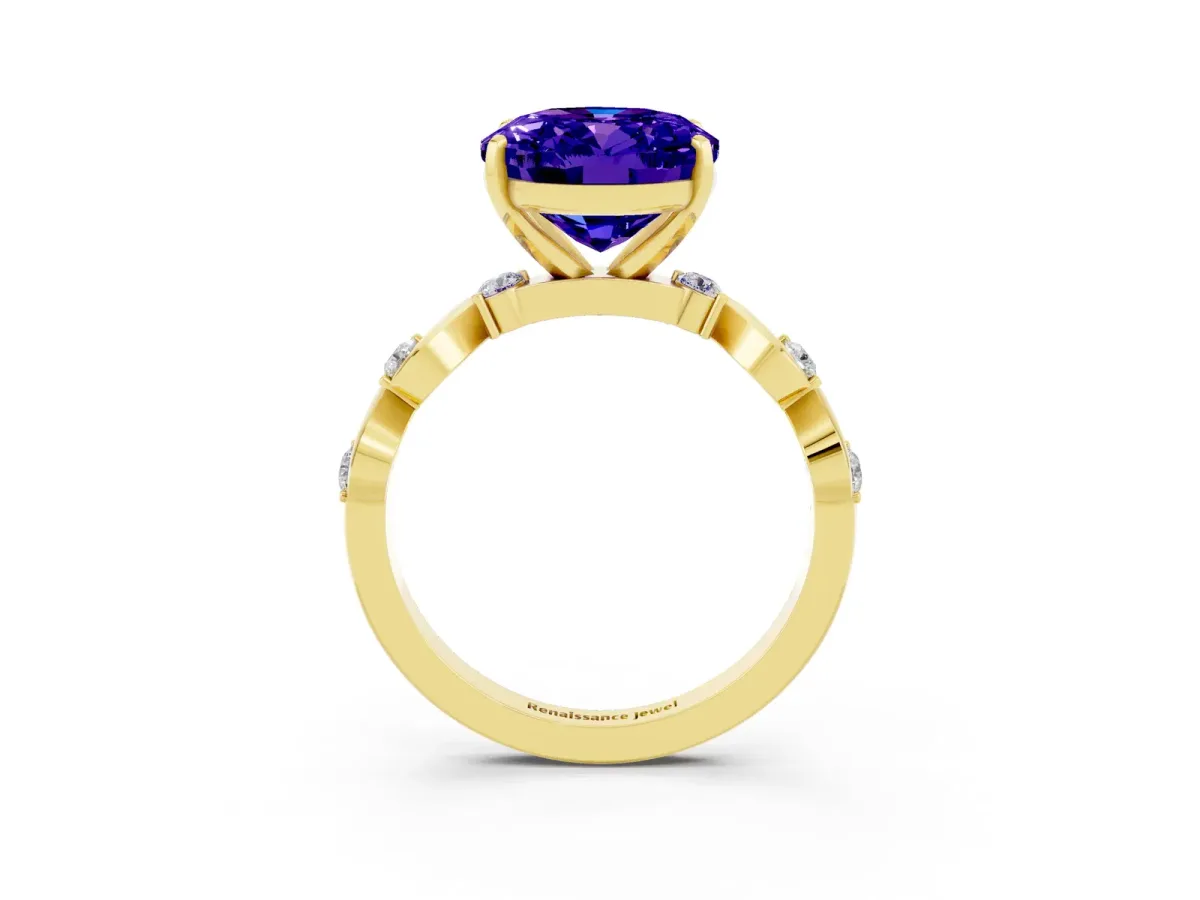 Oval Cut Tanzanite Solitaire Twisted Band with Round Accents and Prong Setting Yellow gold