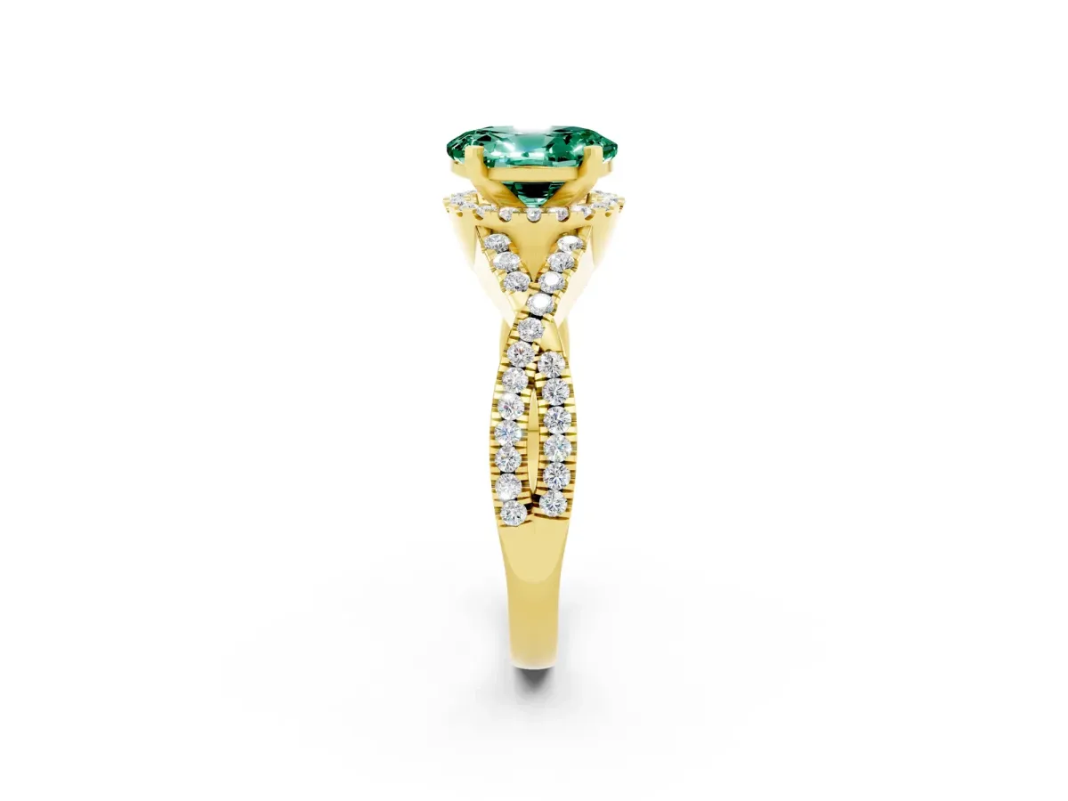 Oval Cut Green Sapphire Halo Twist Band Solitaire Prong Setting Ring Yellow gold