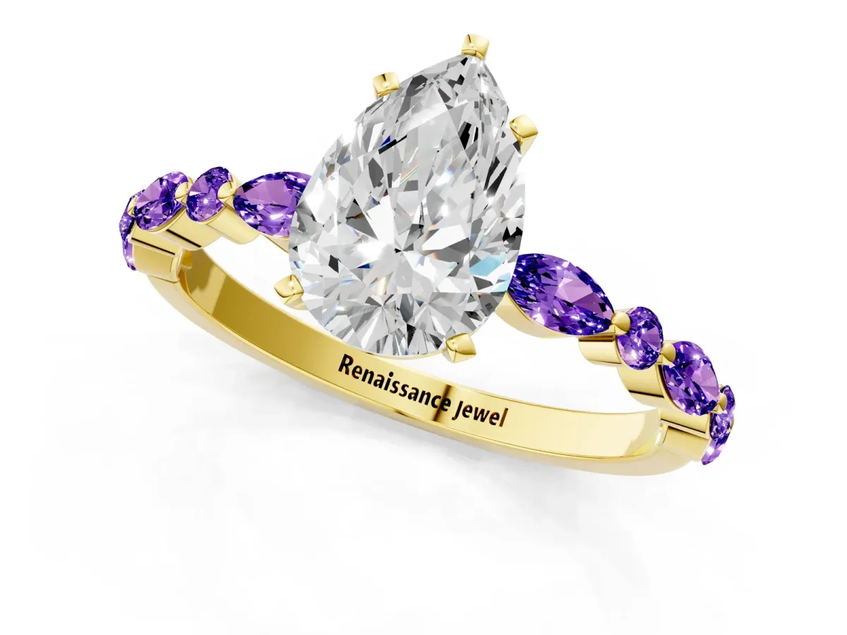 Pear Cut Diamond Ring with Marquise and Round Tanzanite Side Stones and Four-Prong Setting Yellow gold
