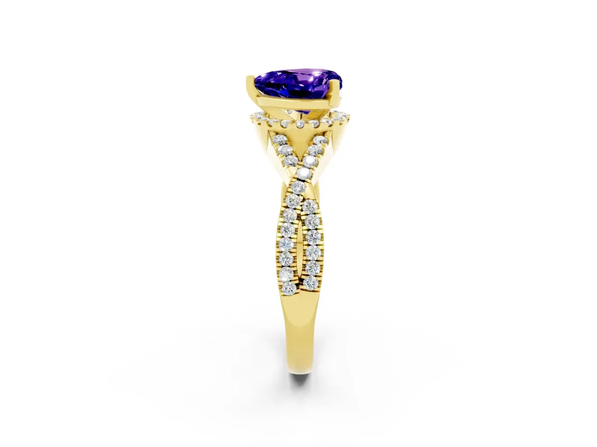 Heart Cut Tanzanite Halo Twist Band Solitaire Prong Setting Ring Yellow gold