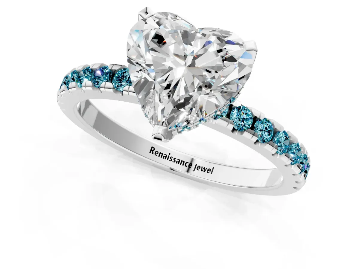 Heart Cut Diamond Solitaire Ring with Round Blue Topaz Pavé Band and Four-Prong Setting White gold