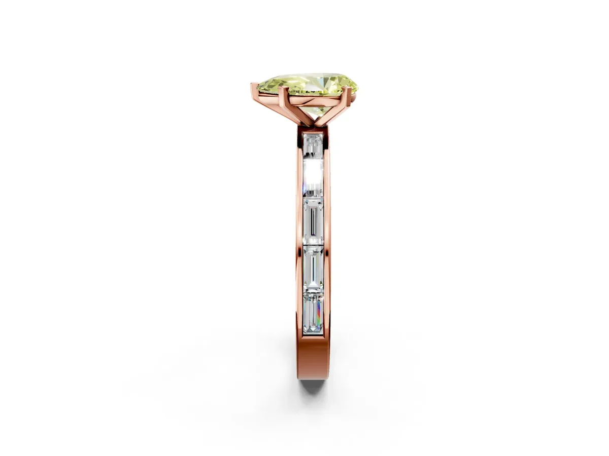 Fancy Yellow Pear Cut Solitaire Diamond Ring with Channel-Set Baguette Band and Four-Prong Setting Rose gold