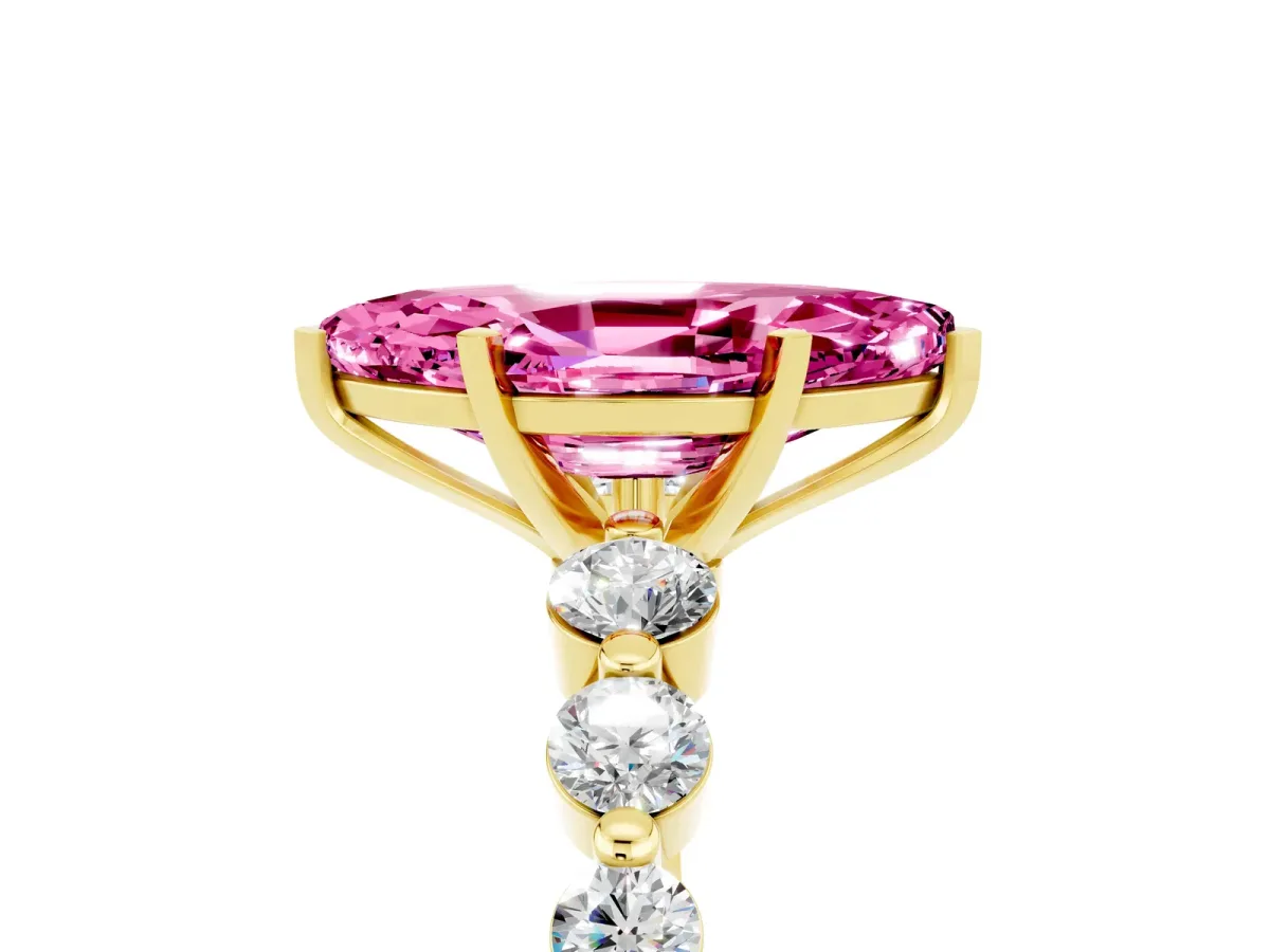 Marquise Cut Solitaire Pink Sapphire Ring with Pave Band and Four-Prong Setting Yellow gold