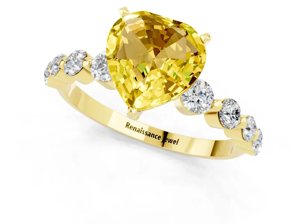 Heart Cut Solitaire Yellow Sapphire Ring with Pave Band and Four-Prong Setting Yellow gold
