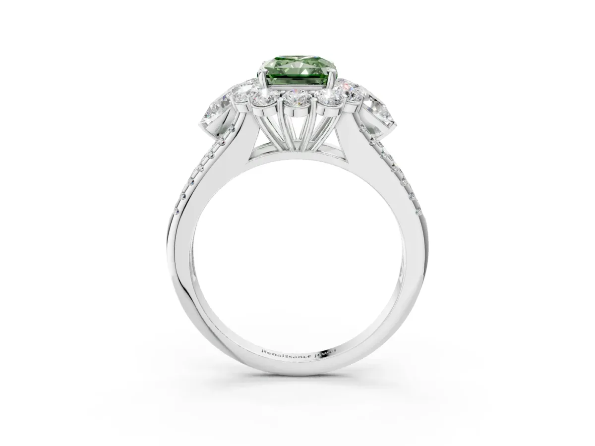 Fancy Green Radiant Cut Halo Split Shank Diamond Engagement Ring with Prong Setting Platinum