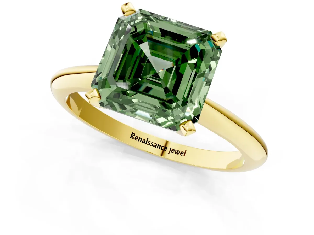Fancy Green Asscher Cut Diamond Solitaire Engagement Ring with Classic Band and Four-Prong Setting Yellow gold