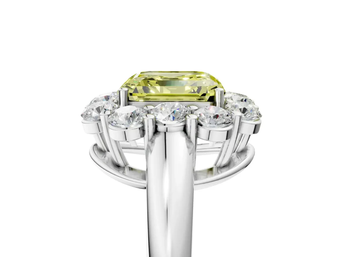 Fancy Yellow Asscher Cut Halo Milgrain Solitaire with Bezel Set Side Stones and Pave Band Platinum
