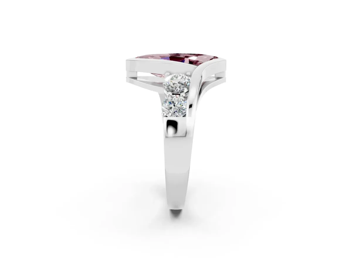 Bezel Set Marquise Cut Morganite Bypass Ring with Round Accents Silver