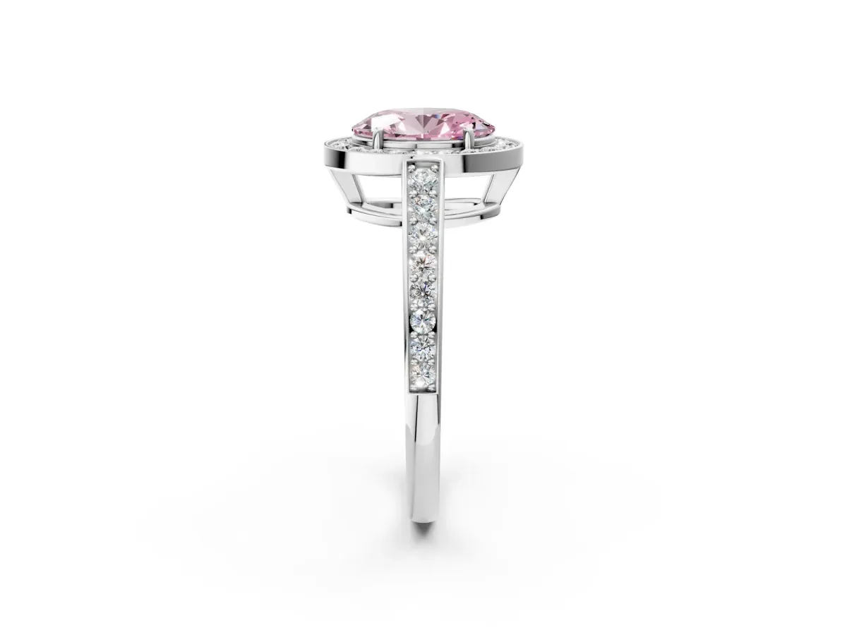 Fancy Pink Oval Cut Halo Pavé Diamond Engagement Ring with Bezel Setting Silver