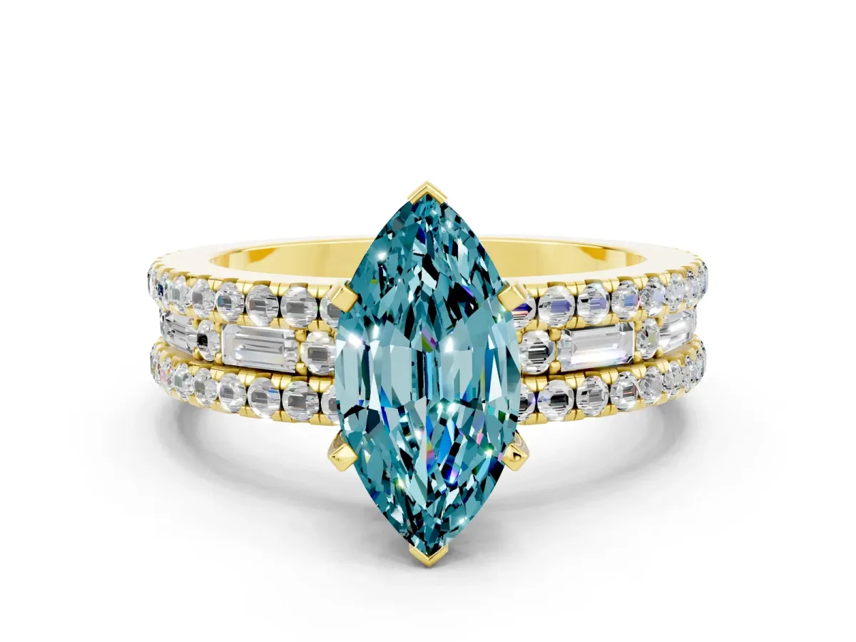 Marquise Cut Blue Topaz Solitaire Ring with Pavé and Channel Set Band Yellow gold