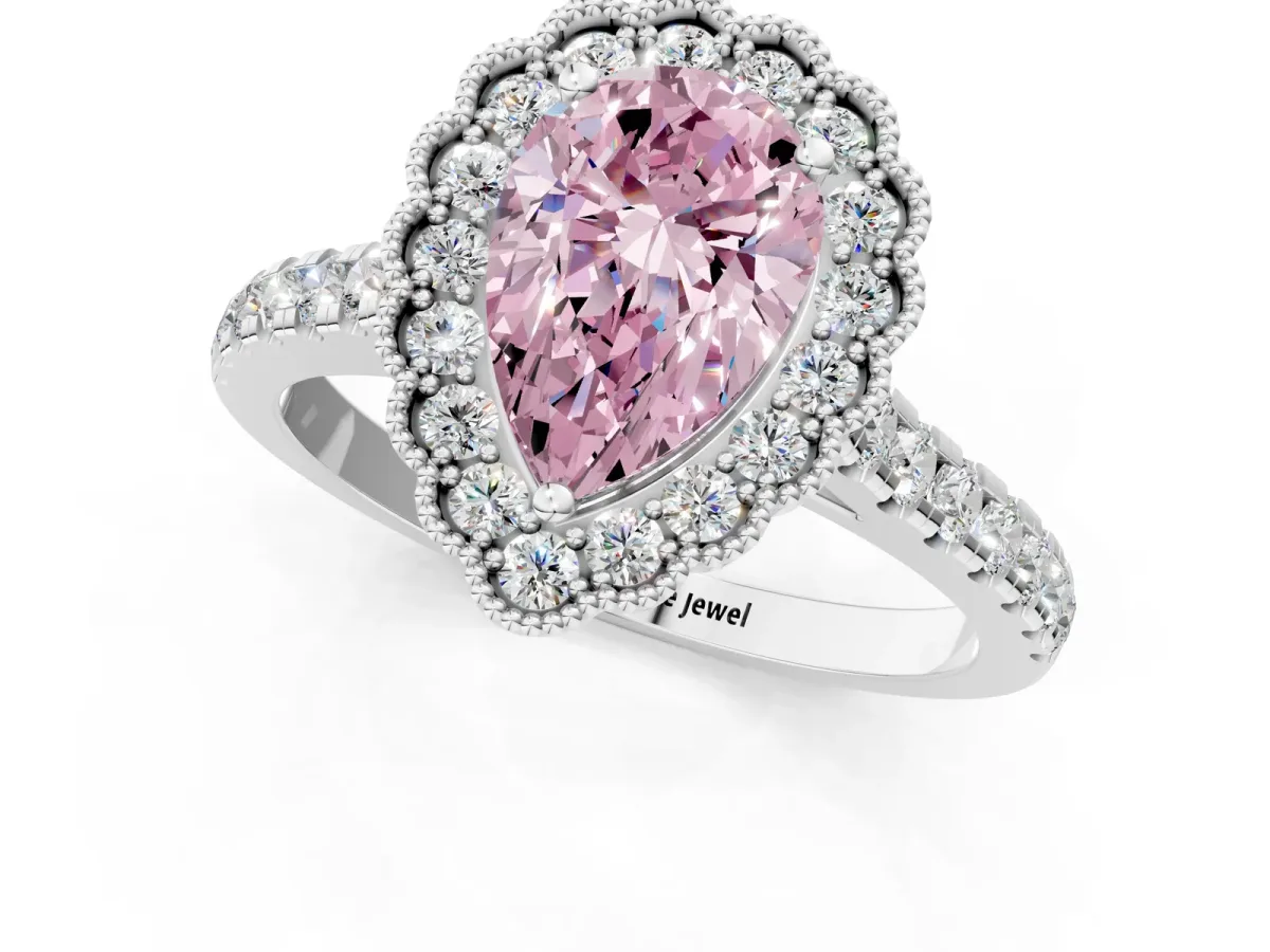 Fancy Pink Pear Cut Cut Diamond Milgrain Floral Halo Engagement Ring with Pavé Band Silver