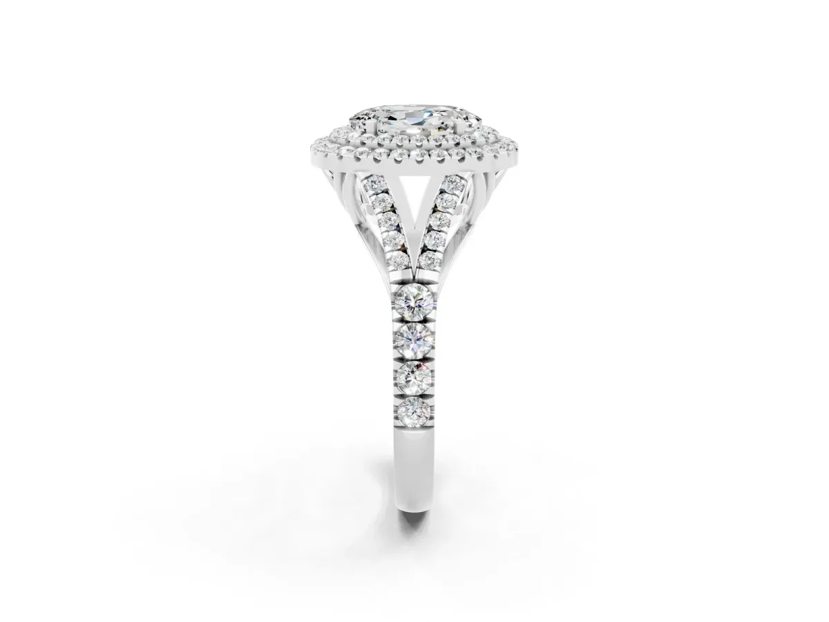 Double Halo Oval Cut Moissanite Pavé Split Shank Ring with Prong Setting Silver