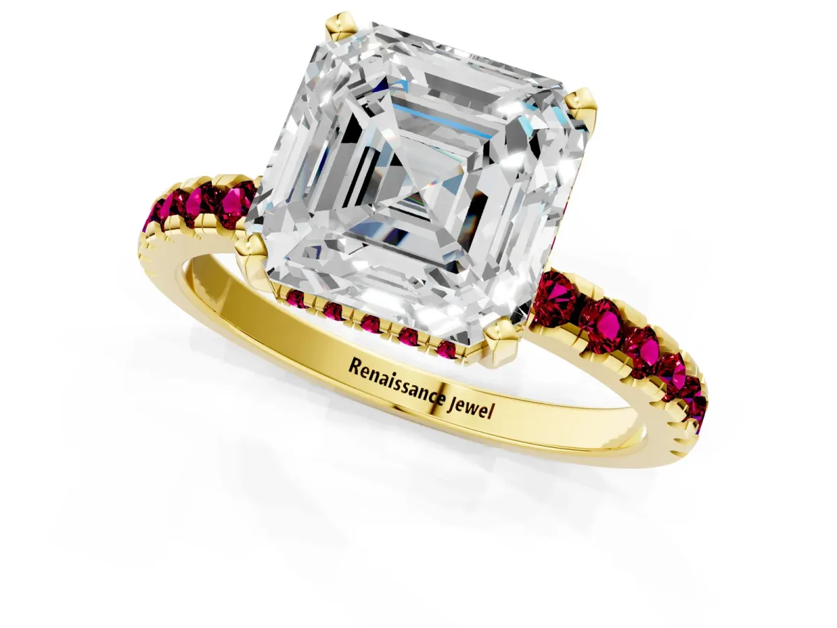 Asscher Cut Diamond Solitaire Ring with Round Garnet Pavé Band and Four-Prong Setting Yellow gold