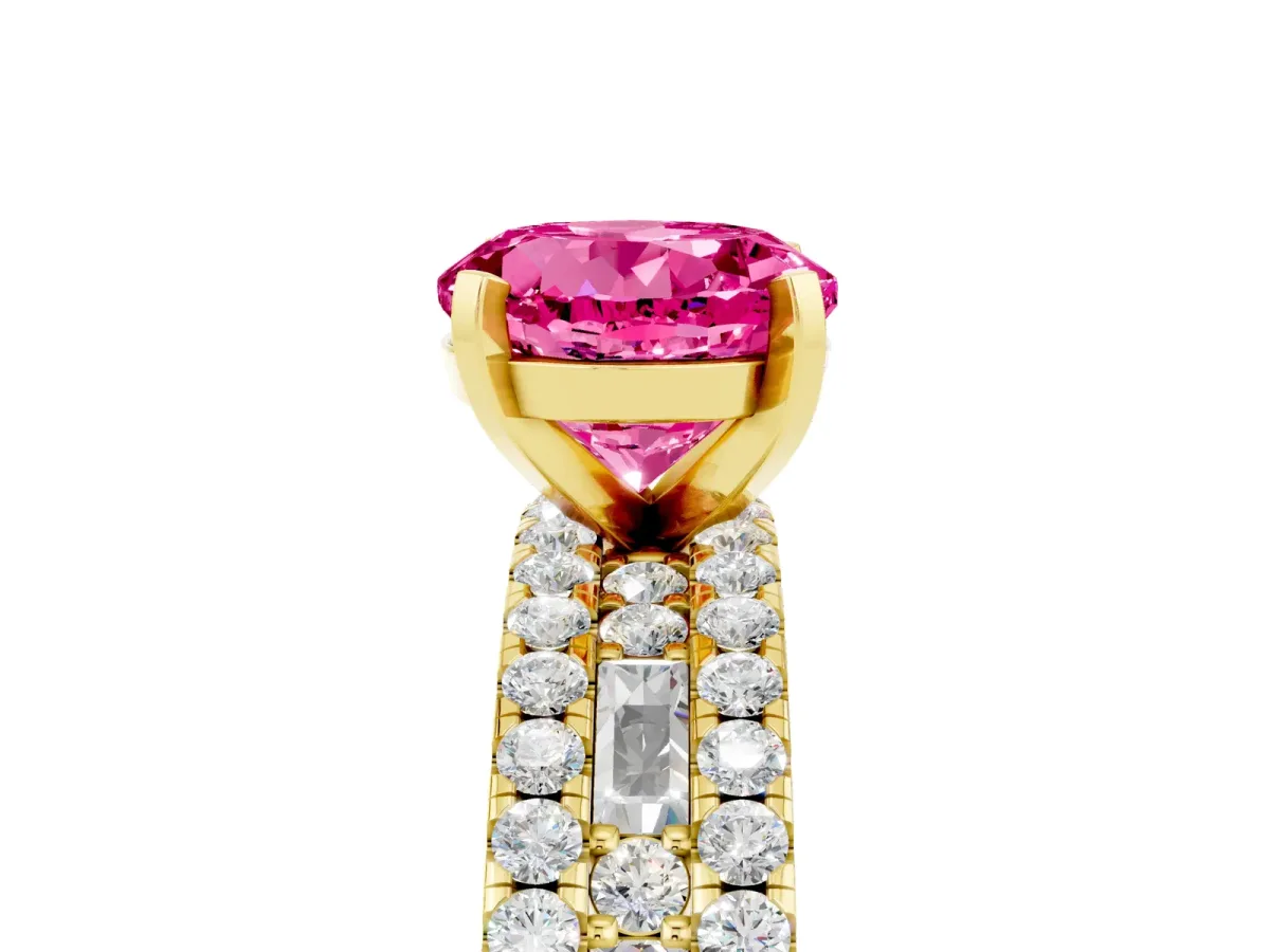 Round Cut Pink Sapphire Solitaire Ring with Pavé and Channel Set Band Yellow gold